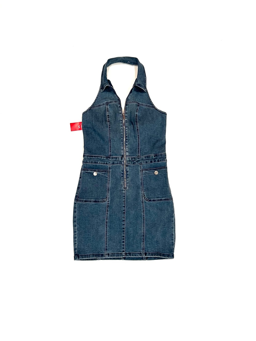 NEW Guess Mirella Pixie Blue Denim Jean Halter Mini Dress w Front Zipper Medium